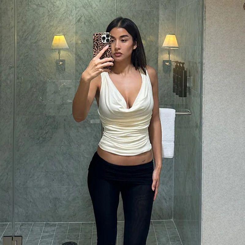 

Shemoda Fashion Style Sexy Hollow-out Backless Swing Collar Camisole Women s Pleated High Waist Silm Sexy Tops White L