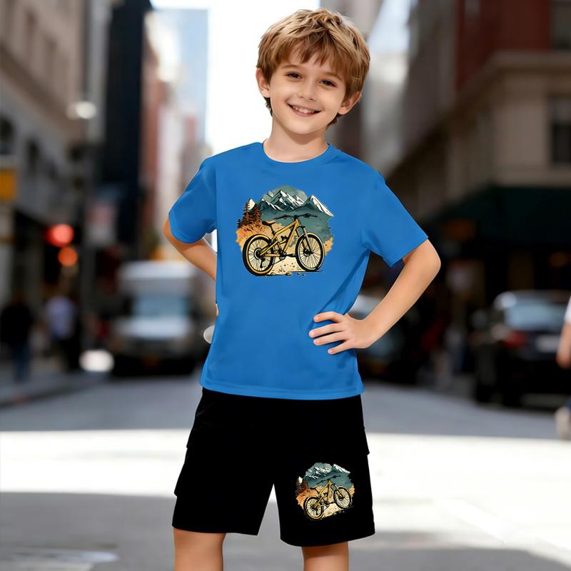 Boys 2 Piece Mountain Sport Print Outfit, Short Sleeve T-Shirt and Shorts Set for Kids Age 5-14, Black and White Sporty Casual Summer Clothes