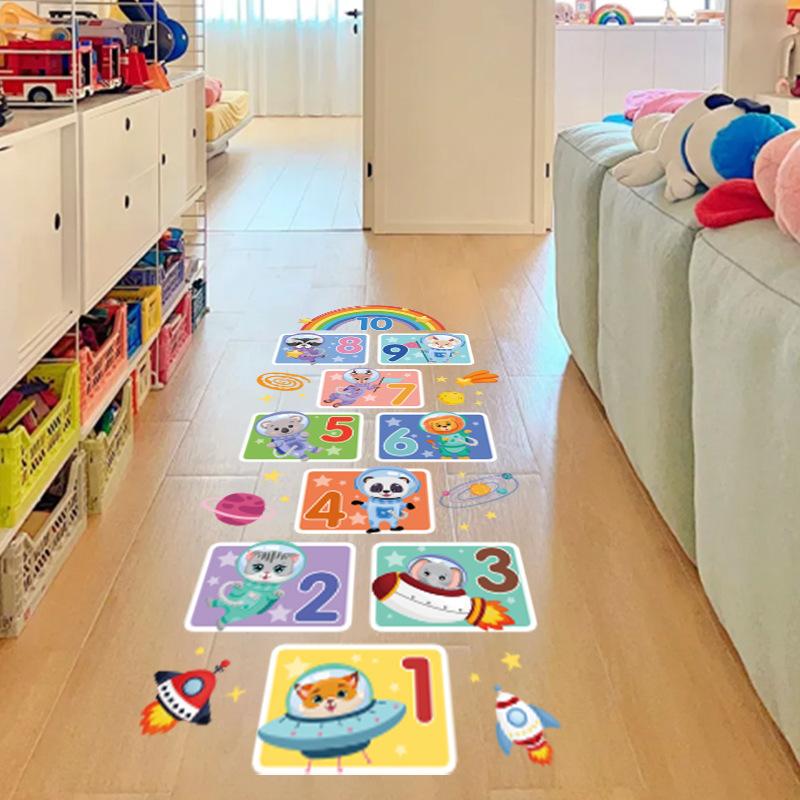 Cartoon Animal Play Hopscotch Wall Sticker Digital Space Game Wall Decals for Kids Nursery Room Floor Decor Removable Decals