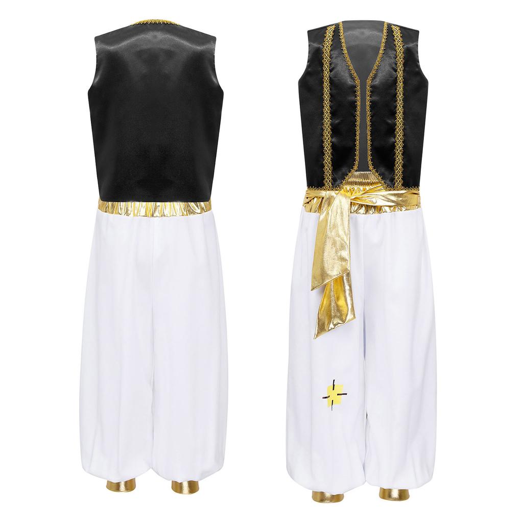 Jungen Arabischer Prinz Kostüm Ärmellose geflochtene Weste Hose mit Gummizug Harems-Outfit Halloween-Kleidung