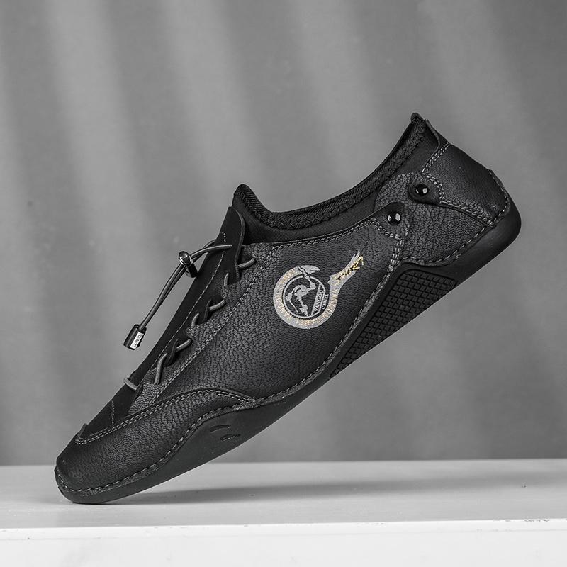 

Летние новейшие мужские мокасины с эластичной резинкой, дышащие повседневные кожаные туфли, мужские туфли на плоской подошве, мягкие туфли для вождения, легкие мокасины 38 чёрный