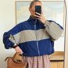 Unisex French Retro Stand Collar Color-Block Zip-Up Oversize Track Jacket Lightweight Polyamide Outdoor Casual Coat, Blue