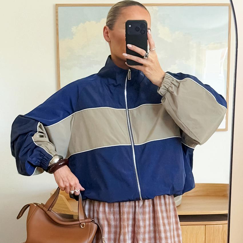 Unisex French Retro Stand Collar Color-Block Zip-Up Oversize Track Jacket Lightweight Polyamide Outdoor Casual Coat, Blue