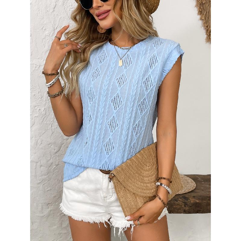 2026 Summer New Women's Round Neck Jacquard Short Sleeve Loose Solid Color T-Shirt