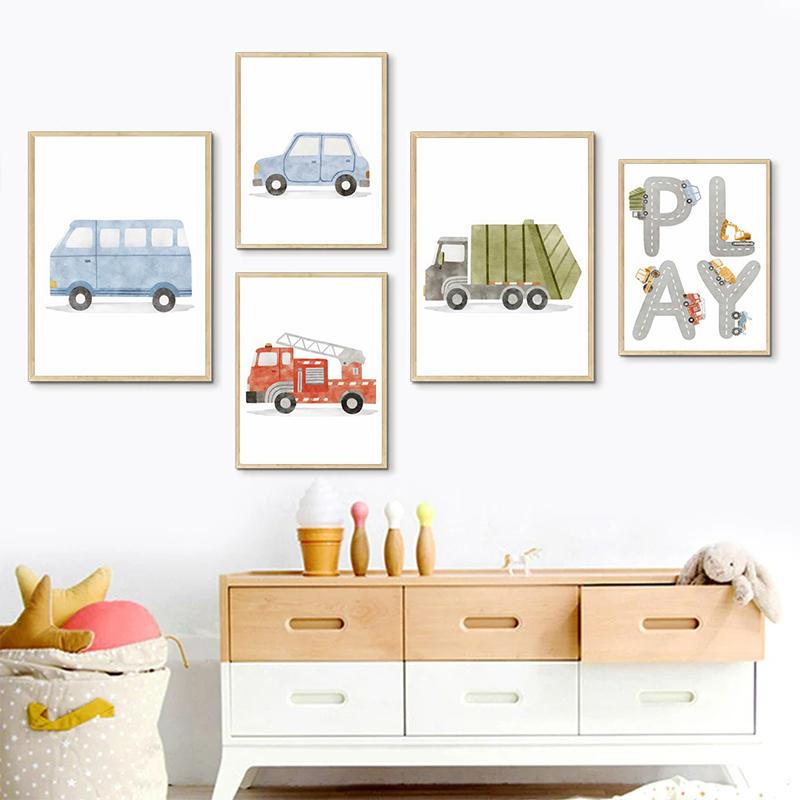 Alphabet Taxi Fire Truck Bus Wall Art Posters Prints Picture Nordic Kids Room Cartoon Cars Canvas Painting Nursery Bedroom Decor