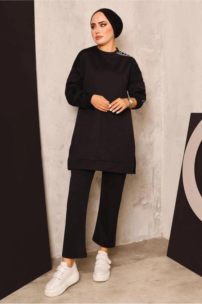 Damen Hijab Set mit langer Tunika und Hose, Perlen- und Reißverschlussdetails