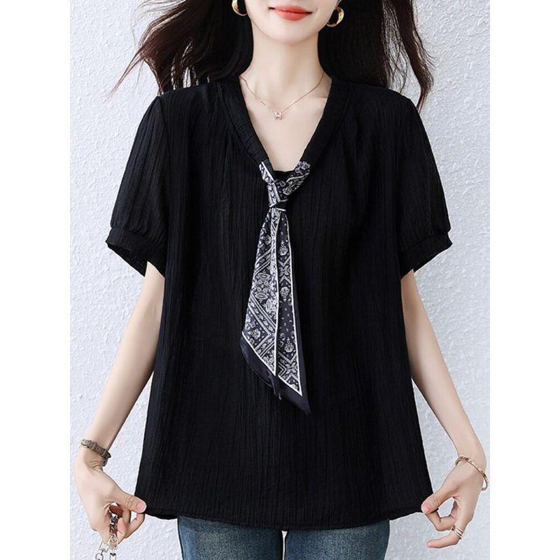 September Momo European Goods 2025 Summer New Arrival Plus Size Women s Clothing Loose Slimming Sense of Design Tie Temperament Shirt Women s Black XL