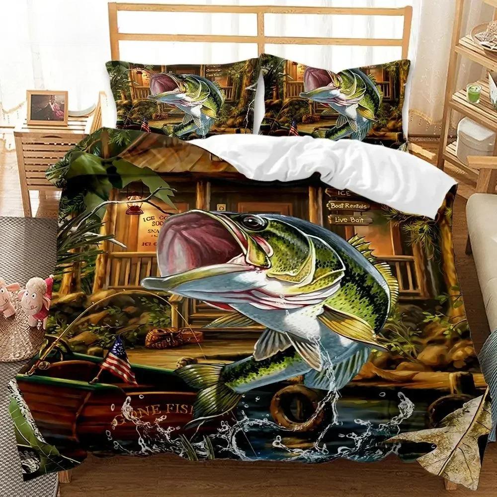 Pike Fish Bedding Striped Bass Big Pattern Hunting And Fishing Themed Duvet Cover For Kids Boys BedRoom Decorations For Teens