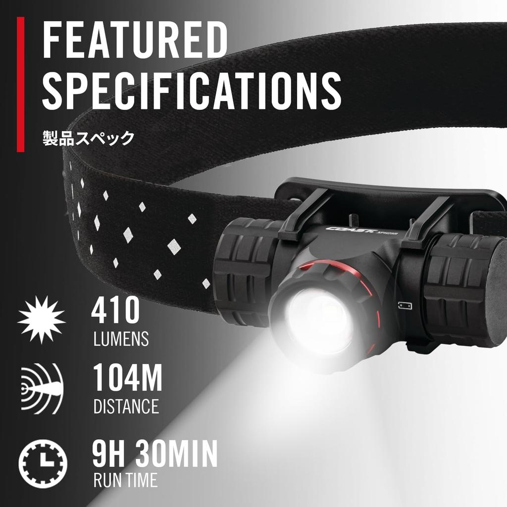 COAST XPH25R LED-Stirnlampe mit maximaler Helligkeit, wasserdicht und kompatibel mit Trocken- und Akkubetrieb, 410 lm, staubdicht, IP54, Batterien, [Offiziell]