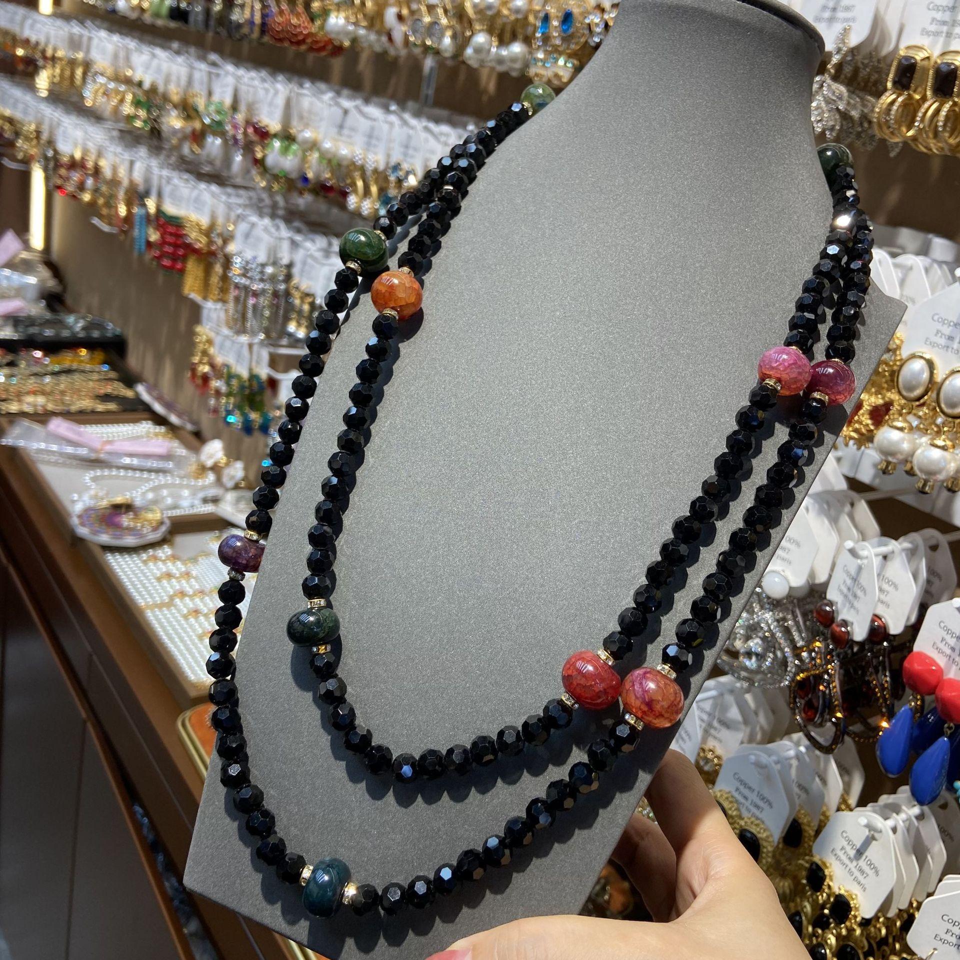 

Новое супер длинное ожерелье из черных хрустальных бусин в китайском стиле, легкая роскошная цепочка на ключицу с цветной глазурью Майяра