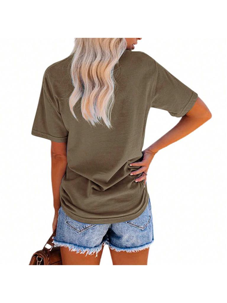 Women's Letter Print Crew Neck T-Shirt Short Sleeve Loose Basic Tee with Pocket