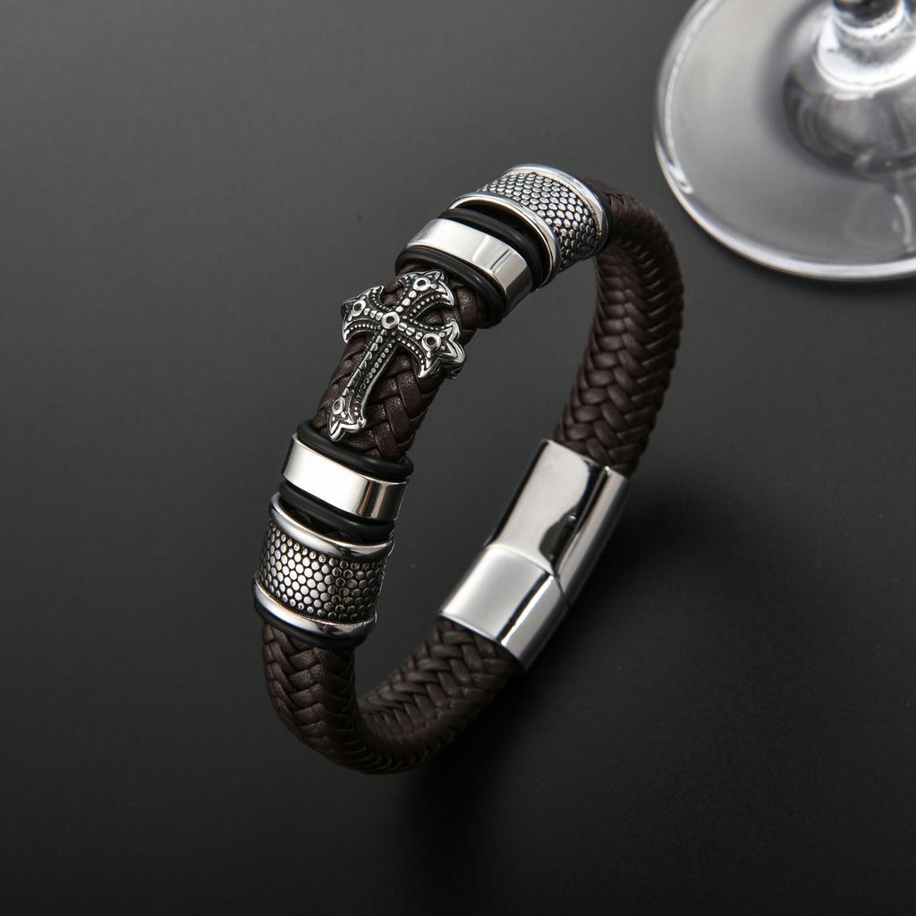 European and American Magnetic Buckle Woven Leather Bracelet Retro Cross Men's Bracelet 2026