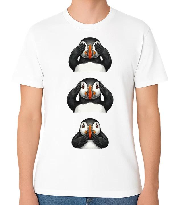 Funny Puffin See Hear Speak No Evil Graphic Unisex T-Shirt Animal Tee S