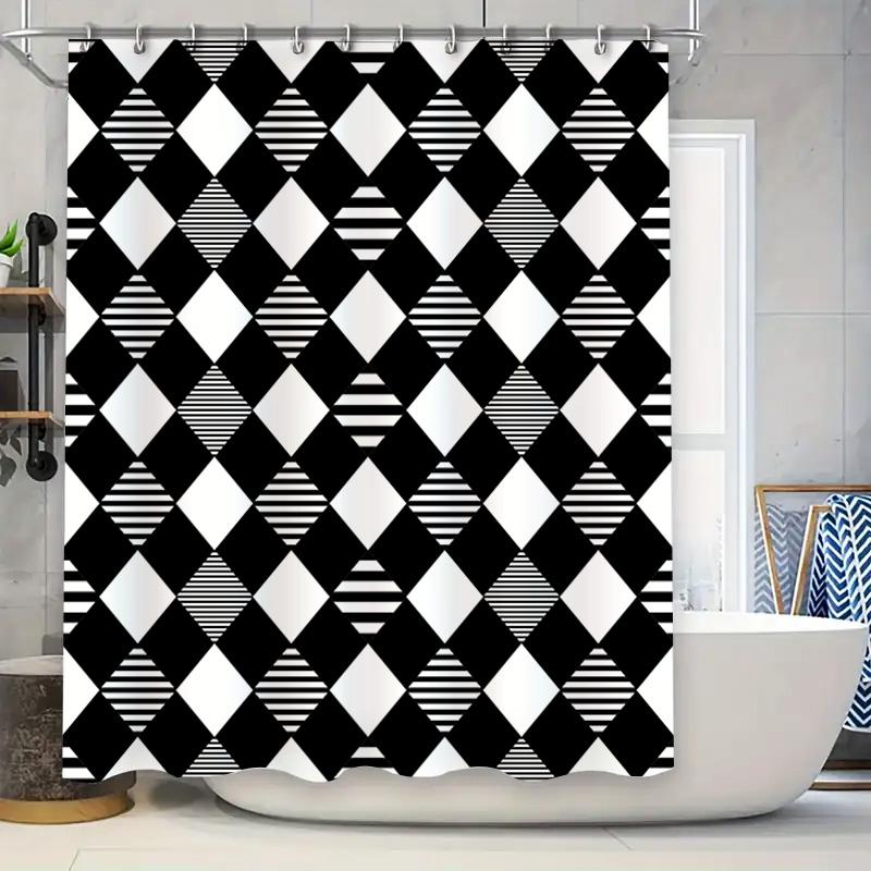 

Black White Checkered Shower Curtain For Bathroom Decor Stylish Modern Design With Stripes Pattern (180X240Cm) W60H190(CM)-1 Pcs