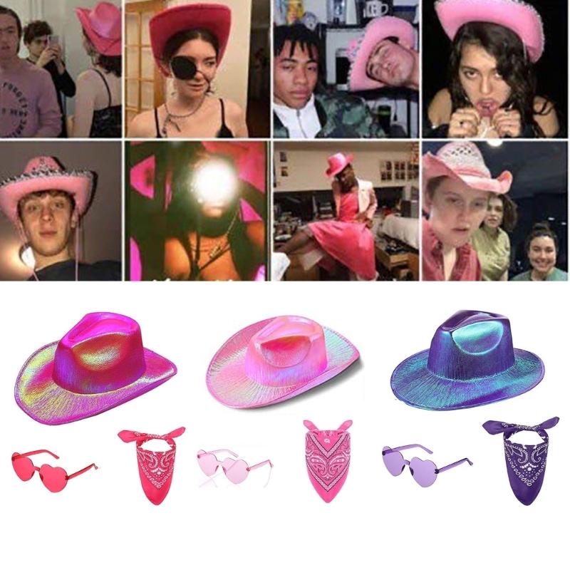 Pack of 3 Carnivals Adult Cowboy Hat with Heart Sunglasses+Cashew Kerchief Adult Fedoras Hat Photography Costume