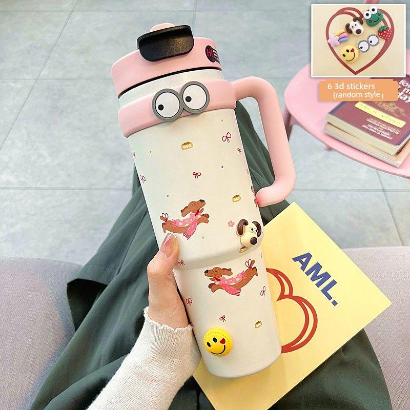 

German Canim Kalse [Giant Water Cup] Cute Large Capacity Vacuum Cup Female Double Drink Straw Cup Pink Puppy 900ml (Free 3D Sticker + Cup Brush)