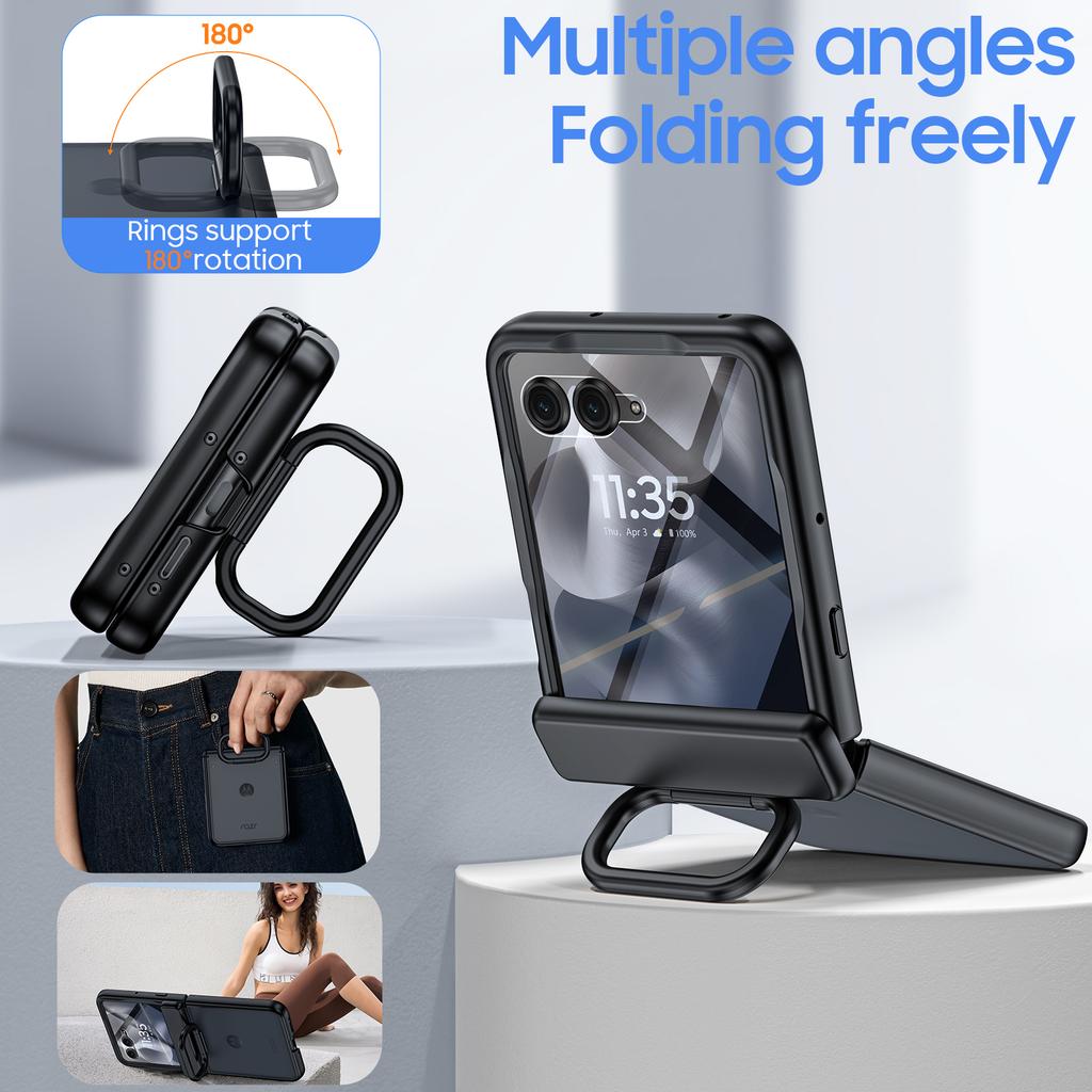 For Motorola Razr Ultra 2025 / Razr Ultra 2026 with Built-in Screen Protector,Ring Holder Hinge Protection Rugged Case Translucent Matte Cover-Black
