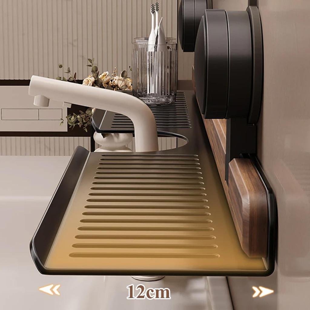 Ořechová koupelnová kuchyňská police s přísavkami, Nástěnná police nad umyvadlo nad baterii, Odnímatelné organizéry na umyvadlovou baterii, Dřevěný úložný stojan na baterie