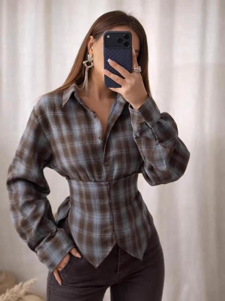2026 Spring Plaid Lace-up Long-sleeve Shirt with Irregular Hem and Cinched Waist