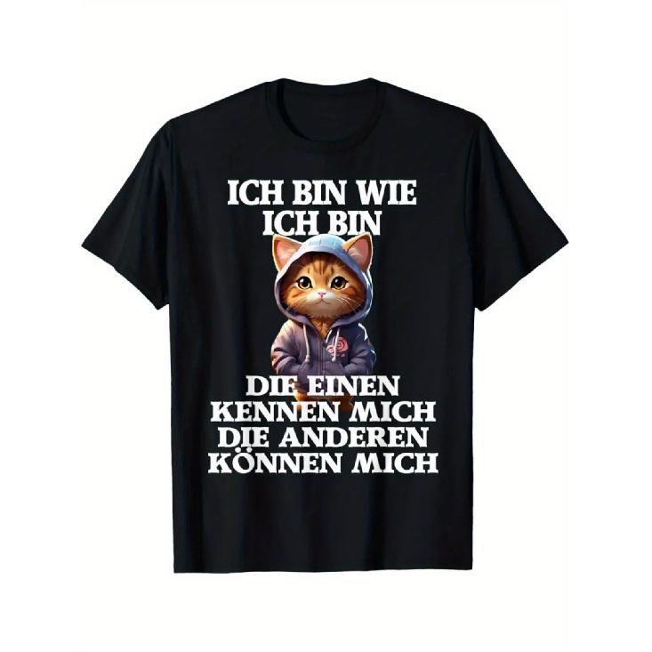 Men's black short-sleeve t-shirt with funny cat in hoodie graphic and German quote, soft cotton feel, crew neck, casual daily wear