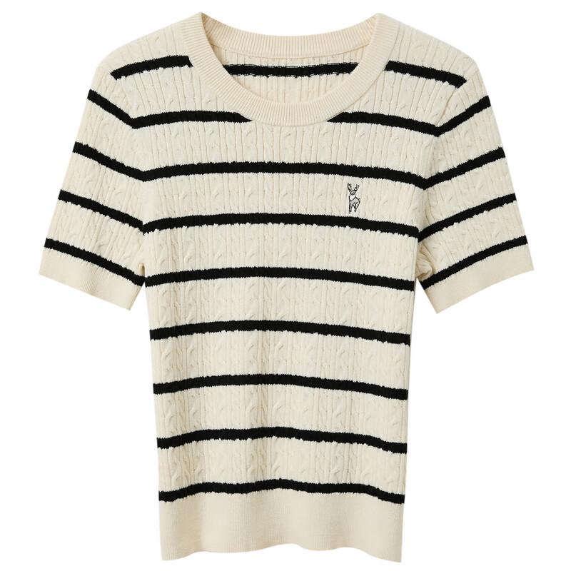 Sancai 2025 Autumn Striped Cable Knit Short Sleeve Pullover