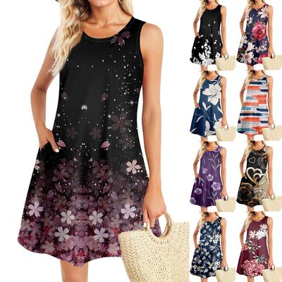 Καλοκαιρινά Γυναικεία Φορέματα Παραλία Boho Αμάνικα Εκτύπωση Flowy Pocket Tshirt Tank Sundresses