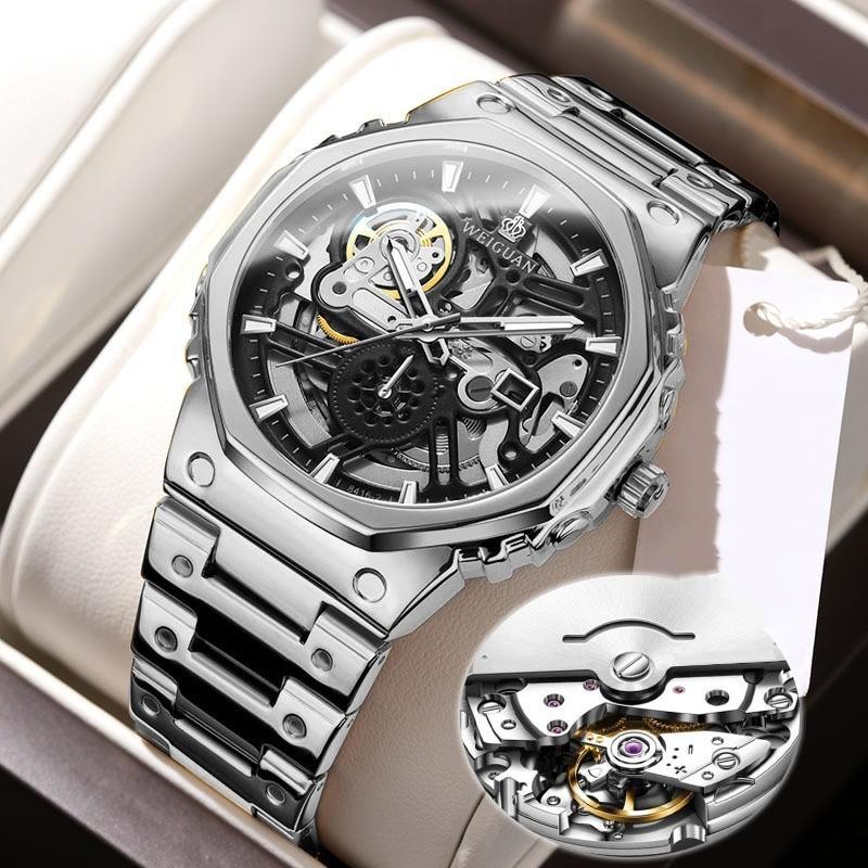 Fashion Skeleton Watch Automatic Waterproof Watches Luminous Mens Watch Stainless Steel Strap