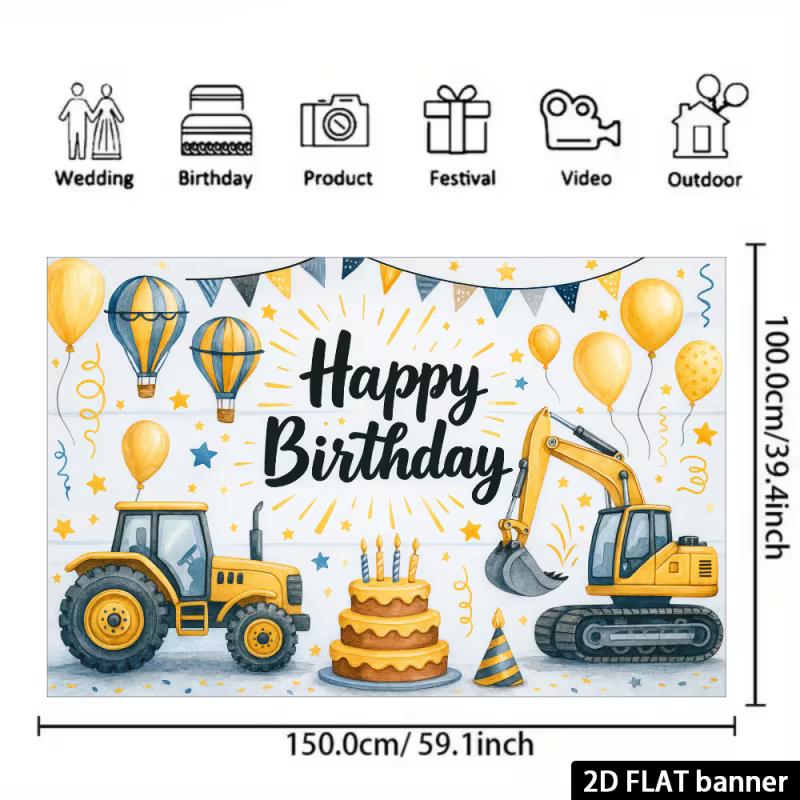 2D Construction Party Backdrop - Excavator & Tractor Banner for Kids Engineering Themed Photoshoot