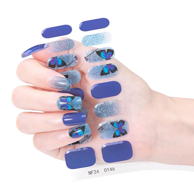 16Tips Sparkly Semi Cured Gel Nail Strips Shining Butterfly Long Lasting Self-Adhesive Gel Nail Wraps Full Cover UV Nail Sticker