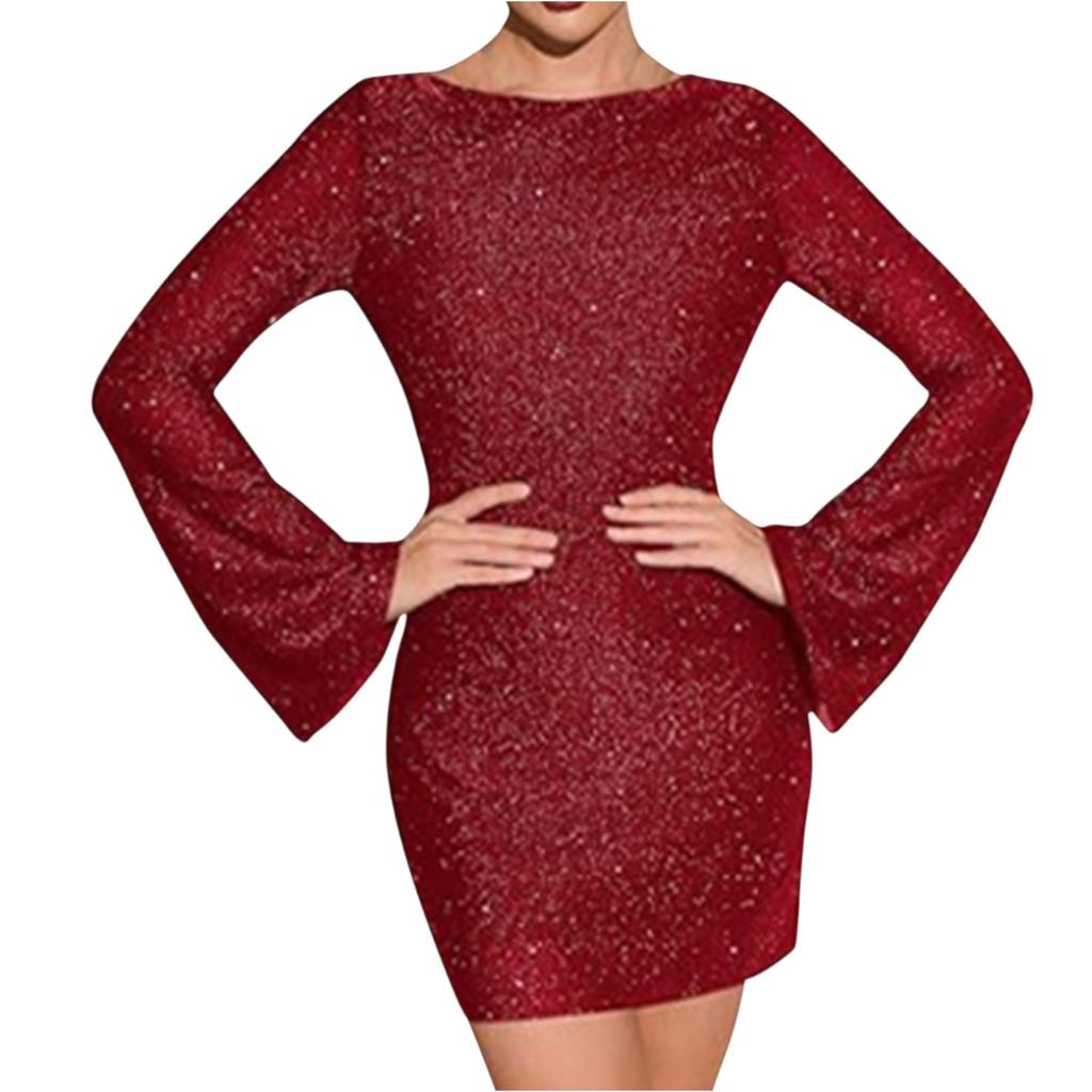 Abito da donna sexy con paillettes, manica lunga, alla moda, schiena scoperta