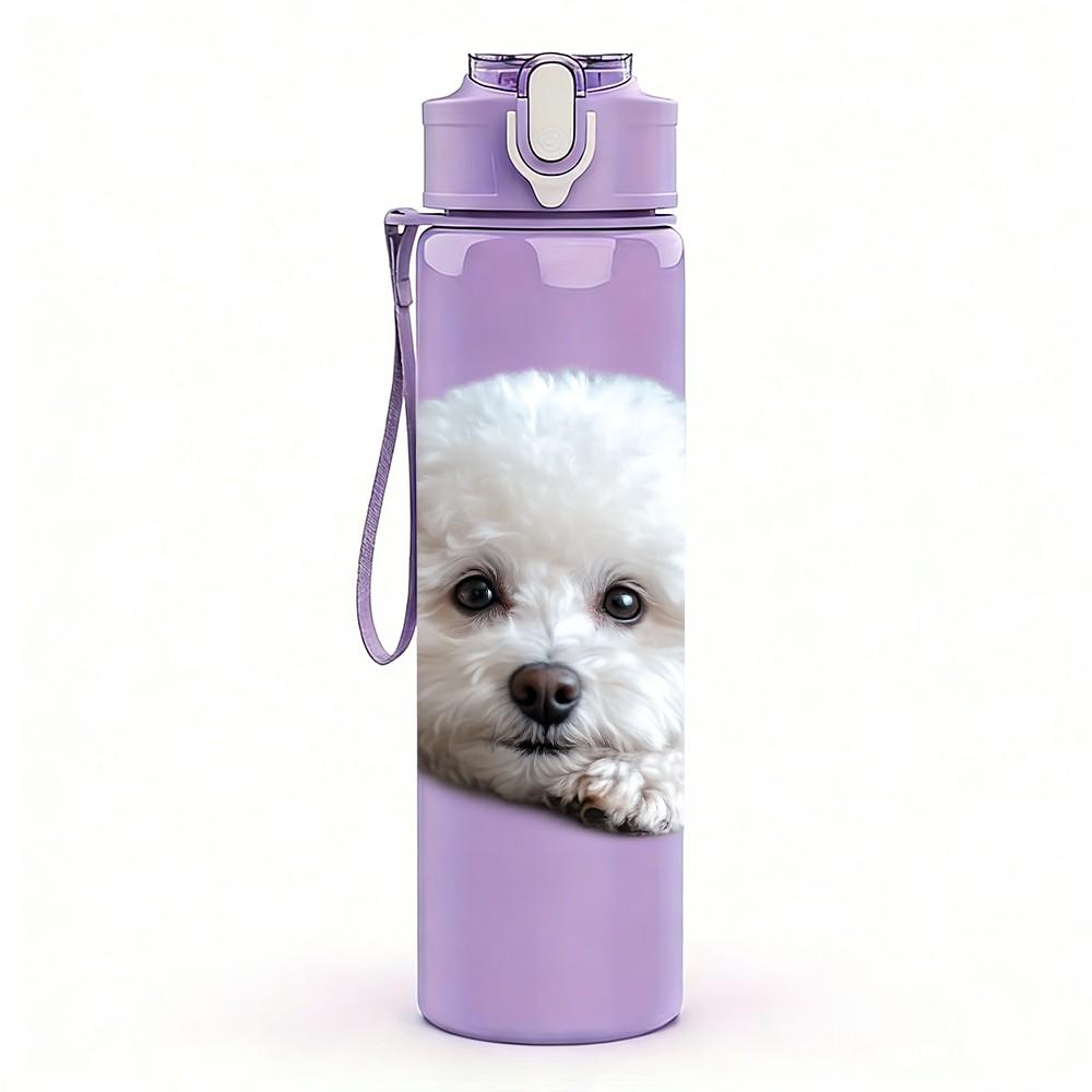 1PC White Fluffy Puppy Dog Print 750ml Color Plastic Sports Water Bottle Leakproof Flip Straw Lid Suitable for Sports Office Home Use