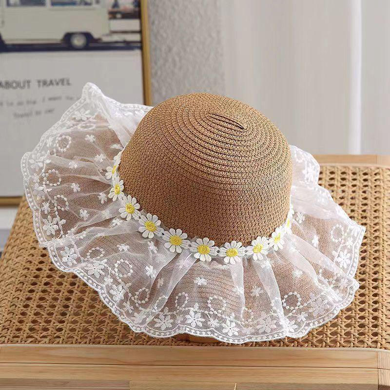Chapeau de Paille d'Été pour Bébé Fille Couleur Unie Dentelle Volant Chapeau de Pêcheur pour Enfants Casquettes de Plage d'Extérieur Pare-soleil Chapeaux Bob à Large Bord