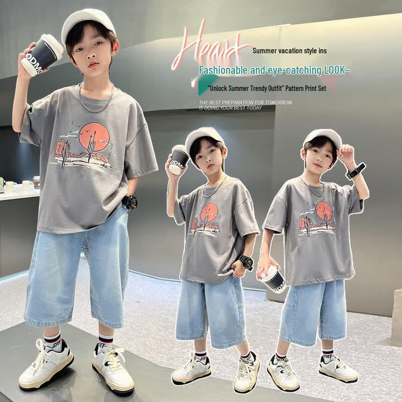Tries Boys  2026 Summer Short-Sleeve Tee & Denim Pants Set 150