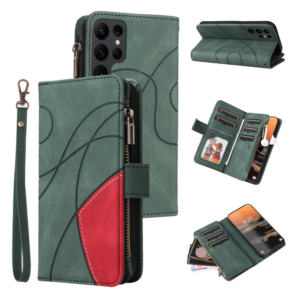 Stylish Dual-color Nine-card Zipper Case With Card Holder And Stand For Samsung A14