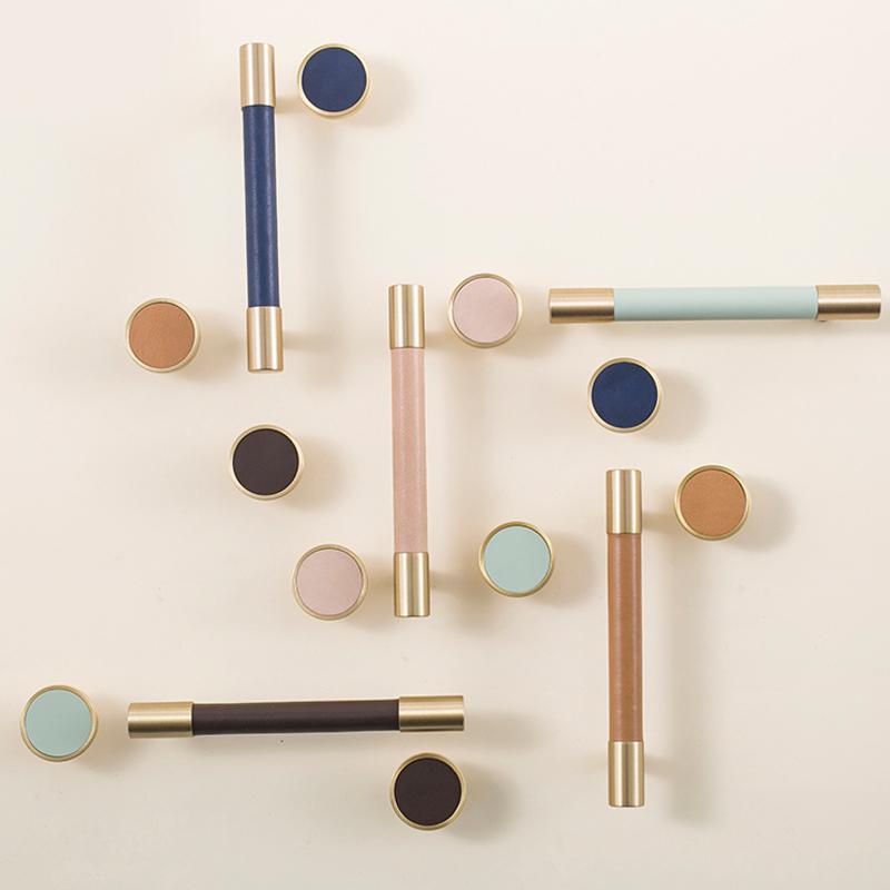 Nordic Style Simple PU Leather + Brass Door Drawer Double Hole Cabinet Handle Kitchen Cupboard Door Pulls Furniture Handle