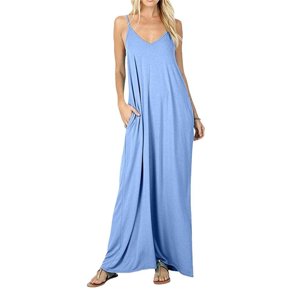 European and American women's clothing sexy vest dress solid color loose casual pocket suspender and floor dress