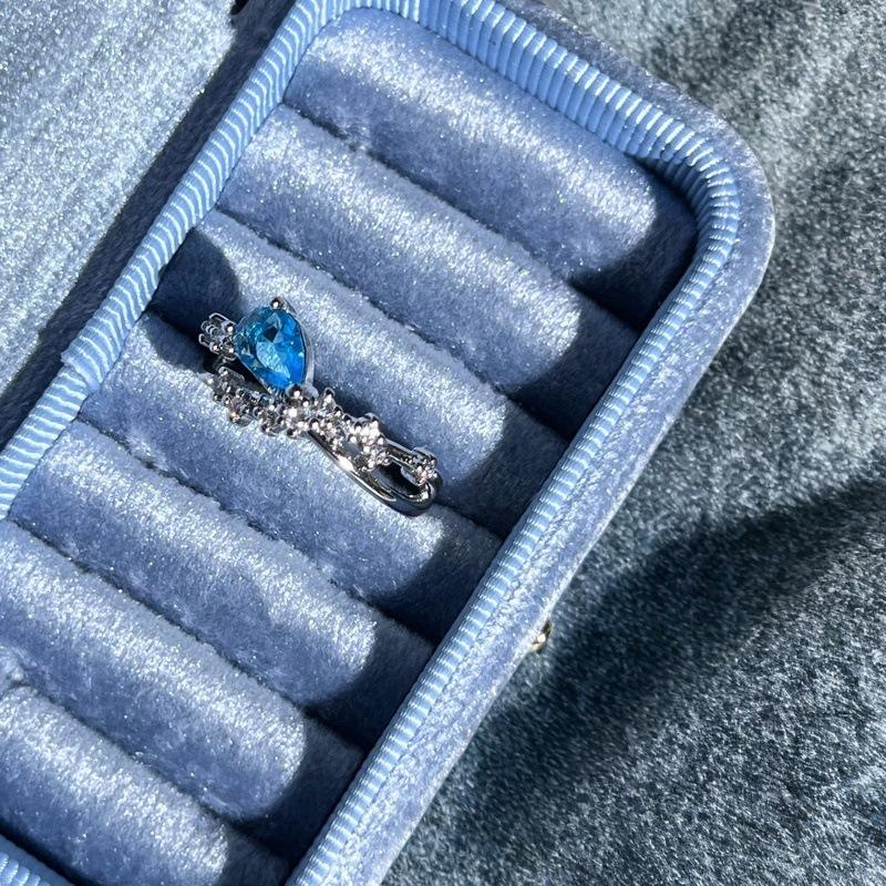 Super Flash Sweet Sea Blue Zircon Brushed Bow Open Ring Temperament Index Finger Ring Light Luxury High-End Ring