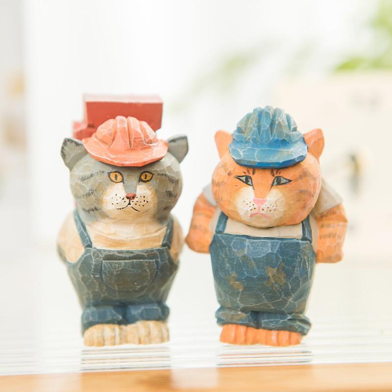 Cat Sculpture Handcrafted Wooden Figurine Decorative Home Office Accessory