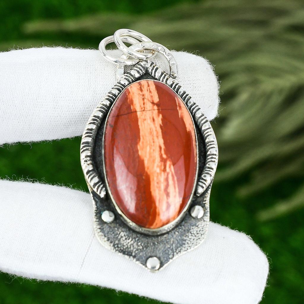 Gift For Women Pendant 925 Sterling Silver Natural Red Snakeskin Jasper Gemstone