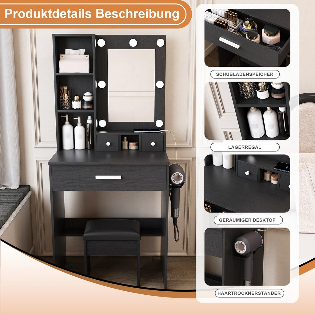 Small Vanity Table with Mirror and Adjustable LED Lighting, Socket, Hair Dryer Holder & Padded Stool - with Drawers and Shelf, Black, W60/H131.5/D38cm