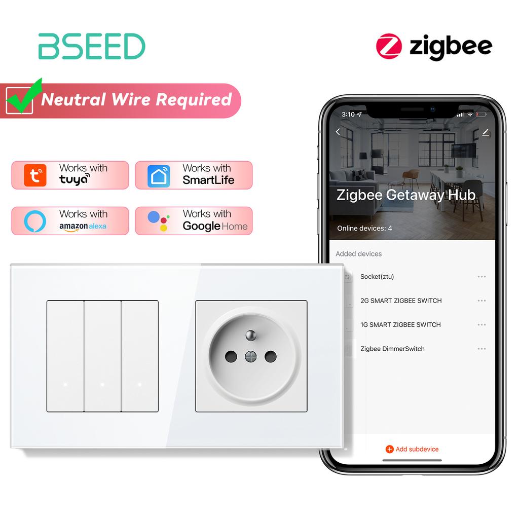 BSEED Zigbee 1/2/3/4Gang Smart Mechanical Button Switches Tuya Alexa Control Plus Normal French Power Socket Plug Glass Panels