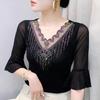 Summer Fashion Sexy V-neck Girl T-shirt Clothes Shiny Hot Diamond Flare Sleeve Mesh Tees High Quality Women's Tops