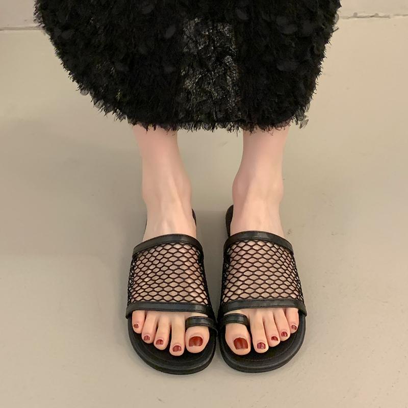 Fashion 2025 New Women's Elegant Slippers Flat Sole Large Mesh Upper Square Toe Women's Fashionable Dress Daily Commute Roman Shoes