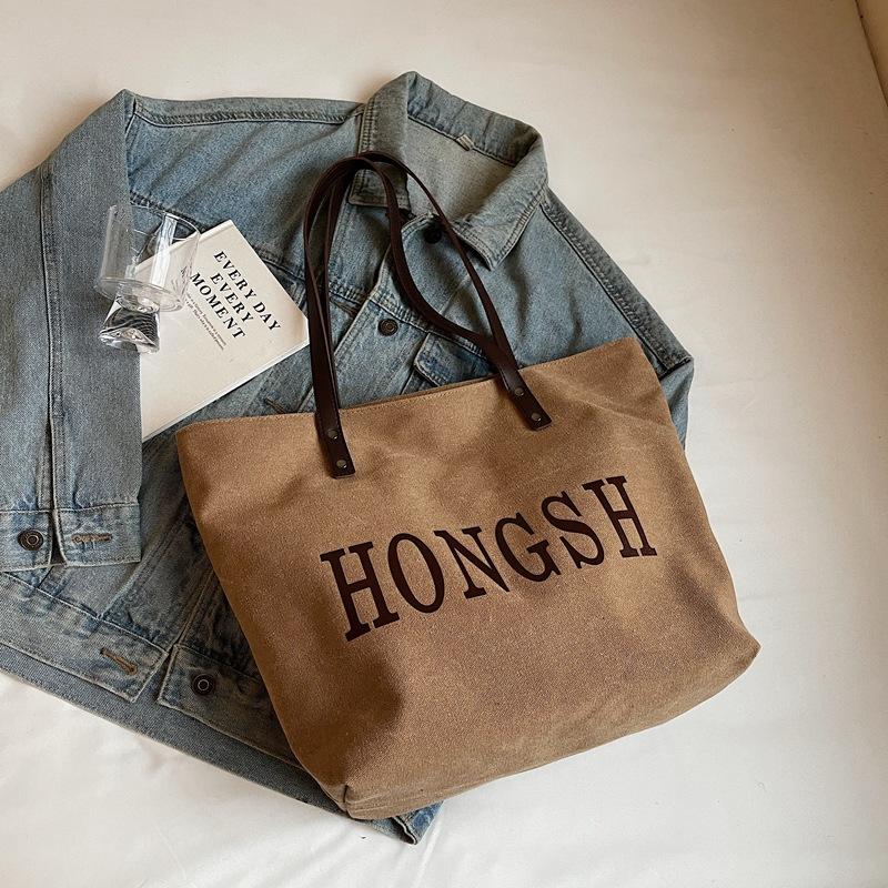 Large capacity canvas simple shoulder bag female college student casual fashion simple tote bag hand carry portable commuter bag