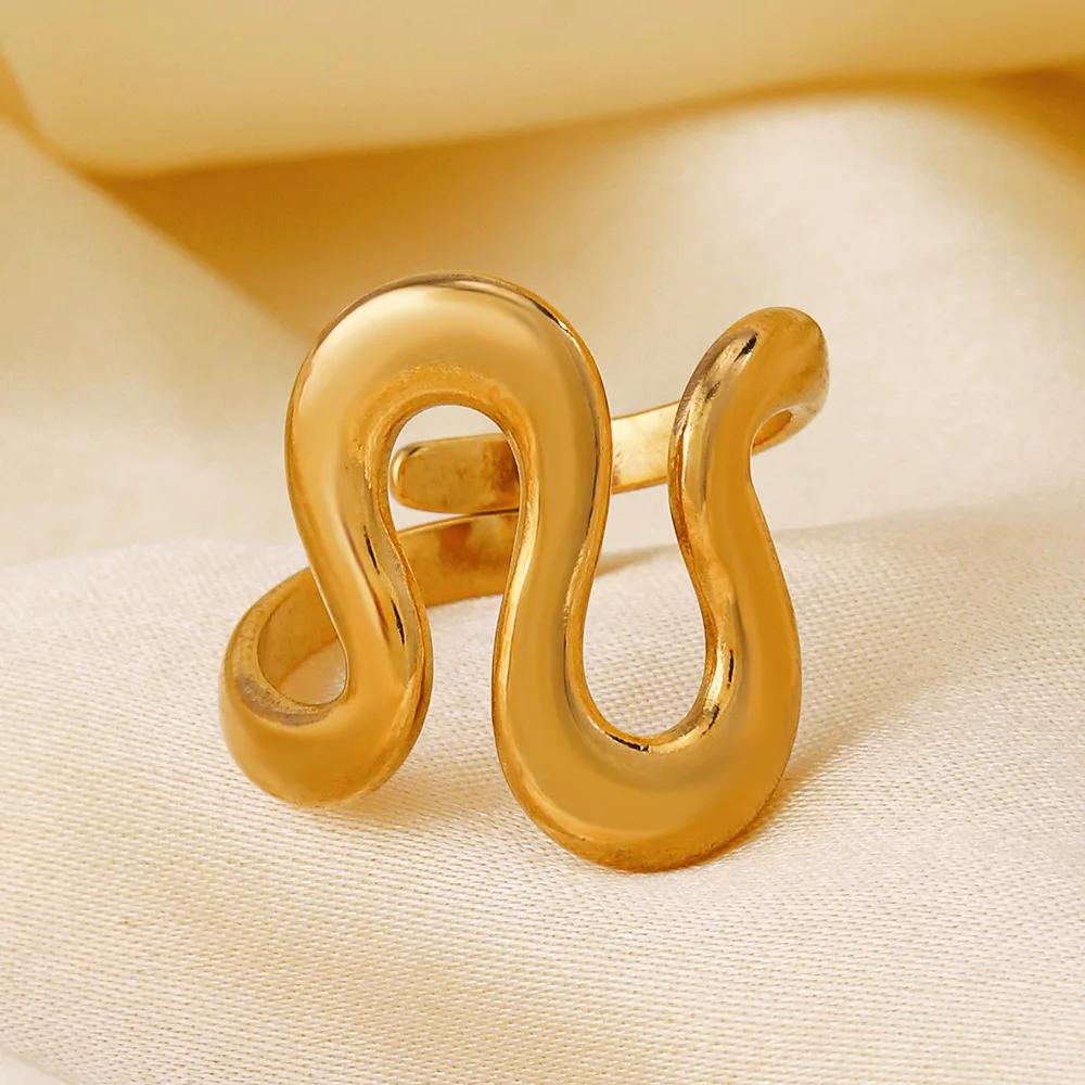 Vintage Stainless Steel Geometric Wave Rings for Women Gold Color Adjustable Rock Ring Aesthetic Wedding Trend Jewelry Gift