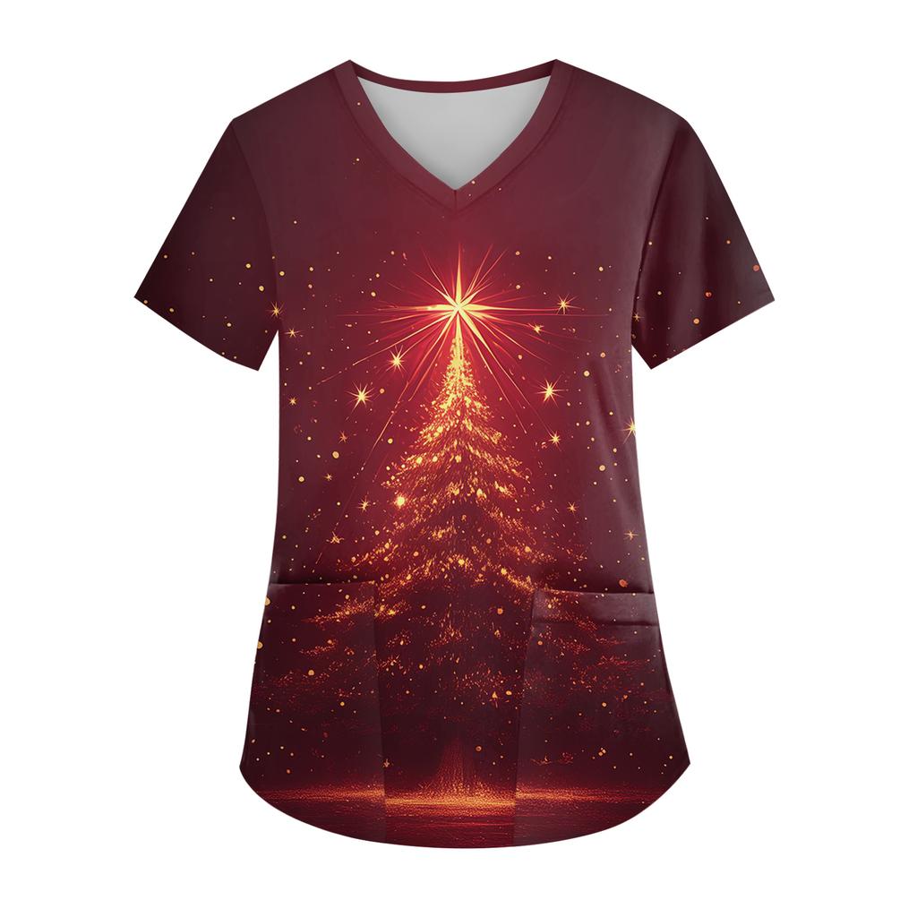 Women's V-neck Christmas Print Short-sleeved Pocket Side Slit Uniform Top