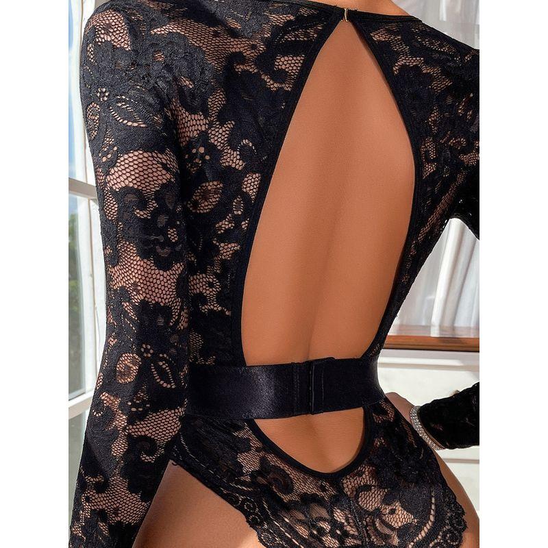 Outfitgirl Black Sexy Lace Sheer Long Sleeve Jumpsuit Female Silm Slim Looking Inner Bottoming Shirt Tops