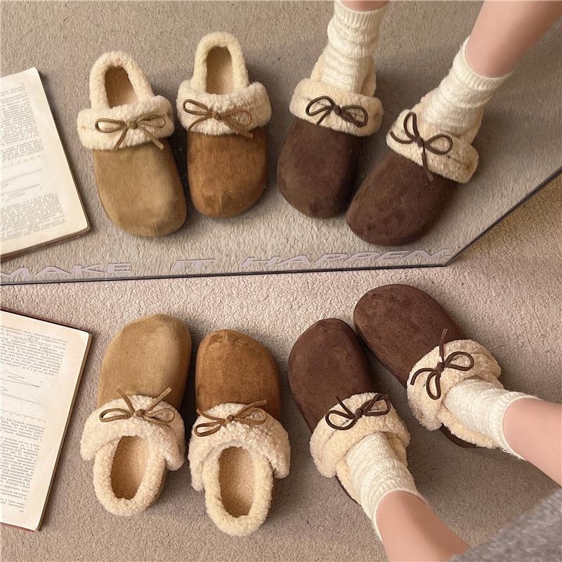 Women's Lightweight Comfortable Non-slip Heightening Winter Warm Plush Lining Non-slip Wearable Casual Stirrup Foot Cotton Slippers
