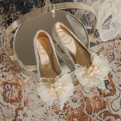 New High Heels Women's Coarse Heels Two Wear Non Tiring Feet Bridesmaid Shoes Butterfly Wedding Shoes Women's Pump
