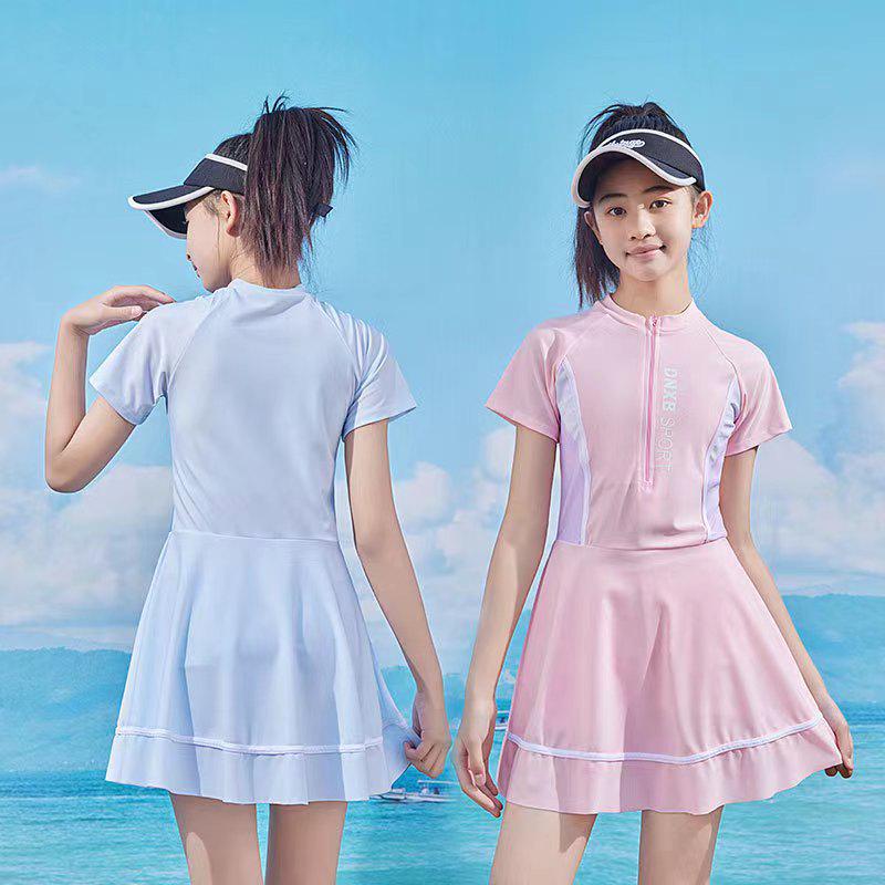 2023 Sporty One-Piece Skirted Swimsuit for Girls - Short-Sleeved, Plus Size, Hot Spring Swimwear for Kids